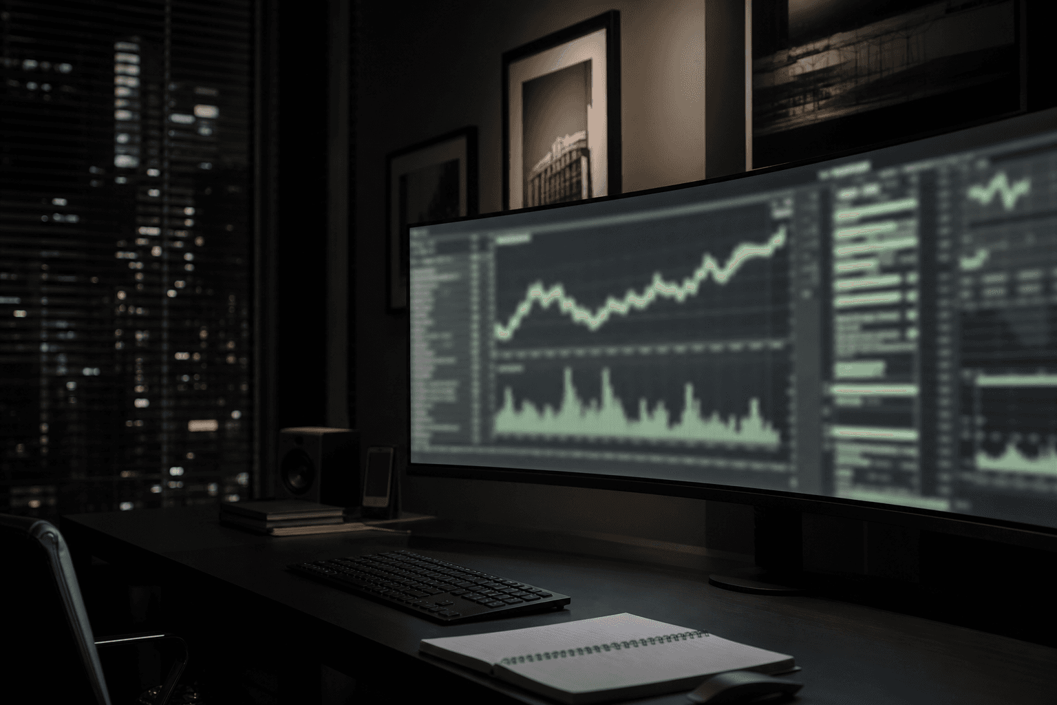 Quiet research desk with blurred market screens at night